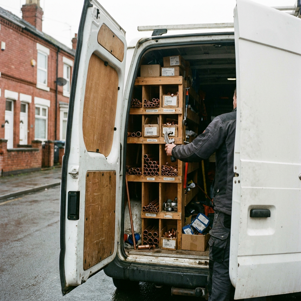 A plumber's van with tools