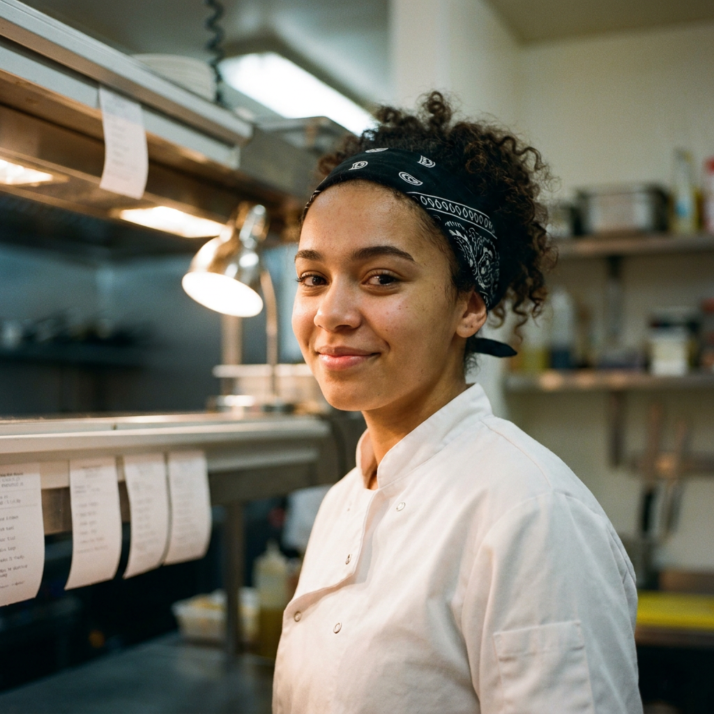 A young woman working as a cook in a kitchen